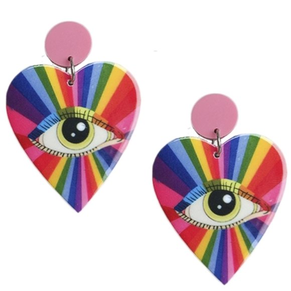 Evil Eye Rainbow Pride Acrylic Heart Earrings NEW - Picture 2 of 2